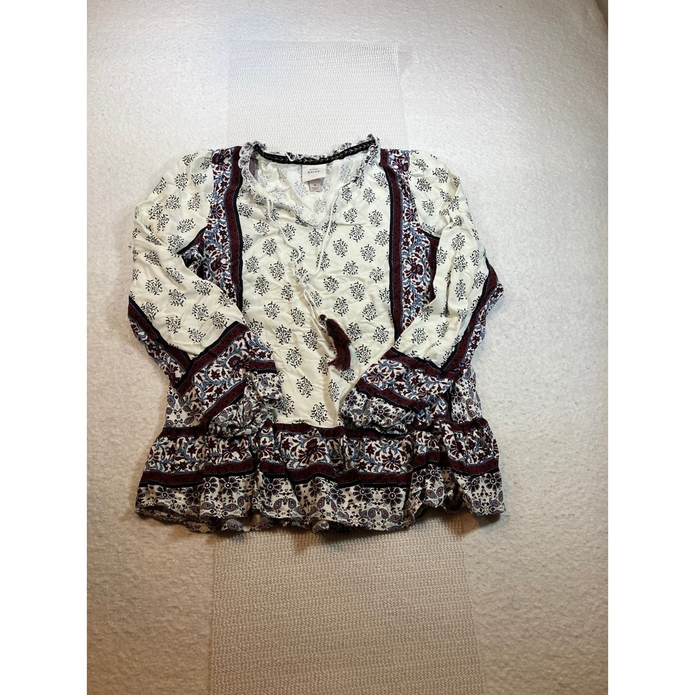 Knox Rose Womens Floral Paisley Tassel Tie Blouse Long Sleeve Burgundy Cream M